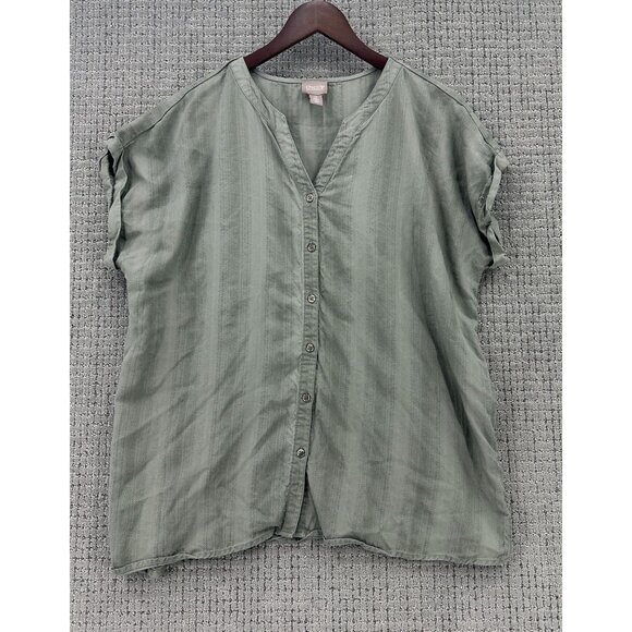 Chicos Womens Shirt 2X Olive Green Button Down Short Sleeve V-Neck Stripe Patter - Picture 1 of 8